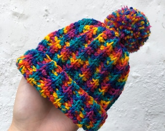 Crochet Ribbed Rainbow Bobble Hat for Newborn Baby