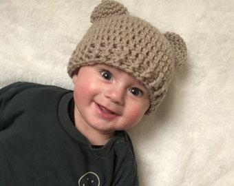 Unisex Baby Crocheted Teddy Bear Hat Light Brown, Neutral, Newborn, 0-3 Months, 3-6 Months, 6-12 Months