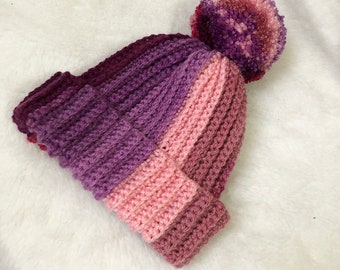 Crochet Ribbed Pink Purple Bobble Hat for Newborn Baby, 0-3 Months