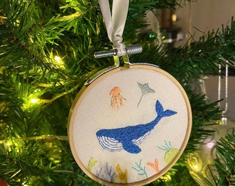 Blue Whale Hand Embroidered Christmas Bauble