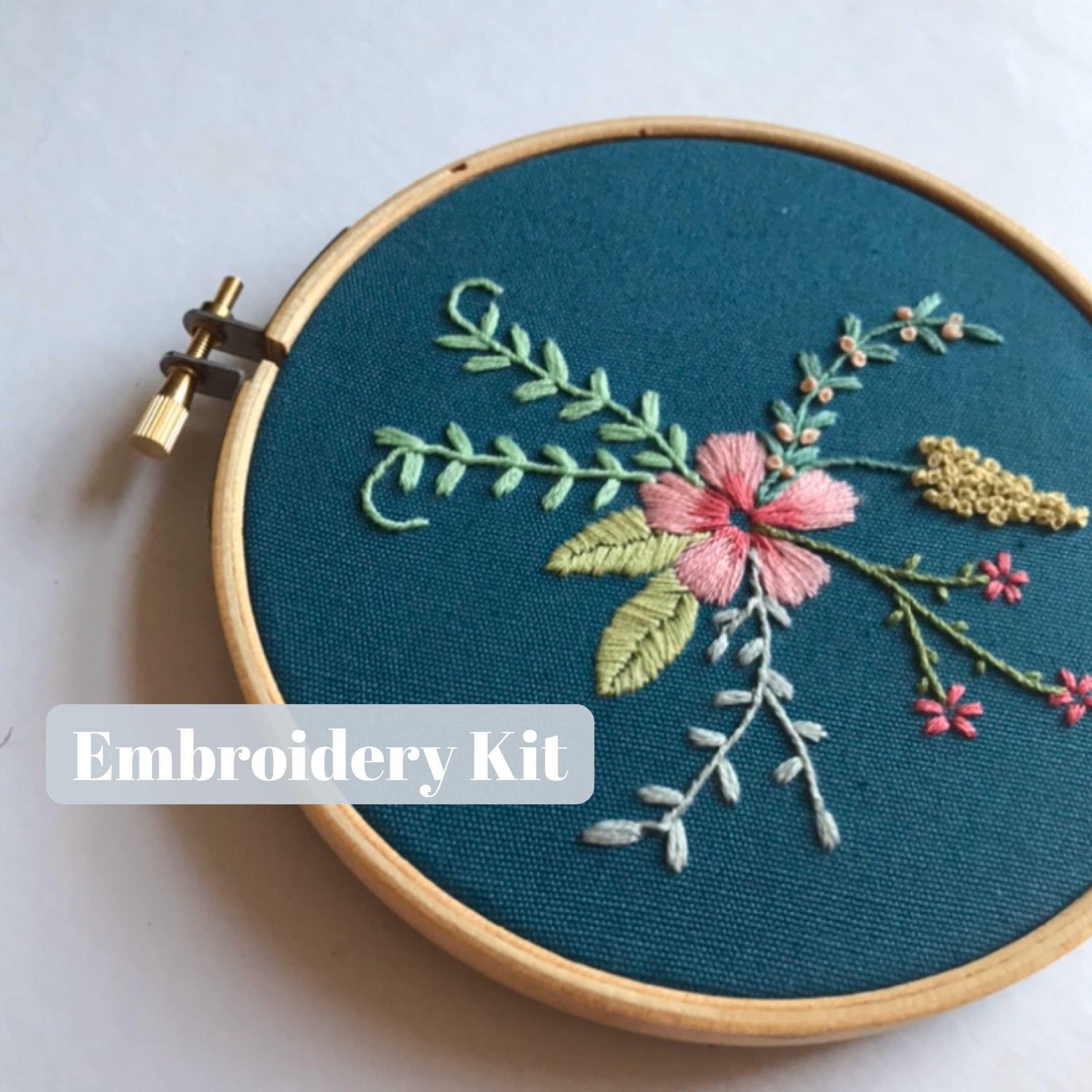 Beginner DIY Teal Floral Embroidery Hoop Art Kit