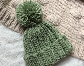 Crochet Ribbed Light Green Bobble Hat for Newborn Baby, 0-3 Months