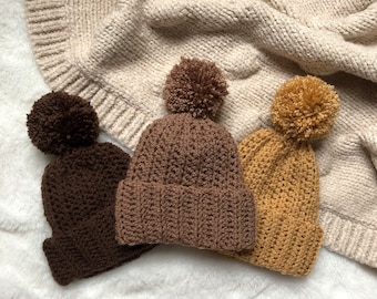 Crochet Neutral Brown Bobble Hat for Baby, Unisex Beanie