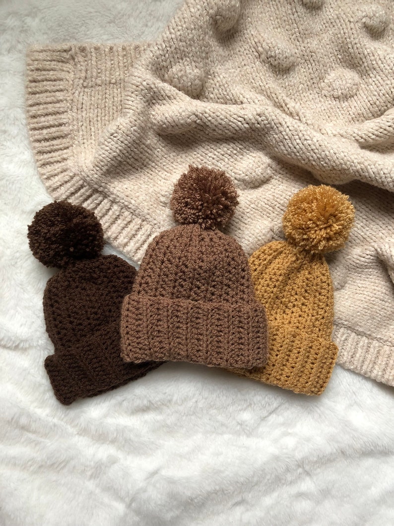 Crochet Neutral Brown Bobble Hat for Baby, Unisex Beanie image 1