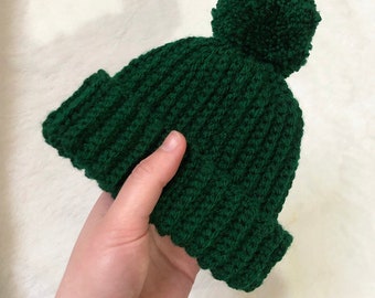 Crochet Ribbed Green Bobble Hat for Newborn Baby, 0-3 Months