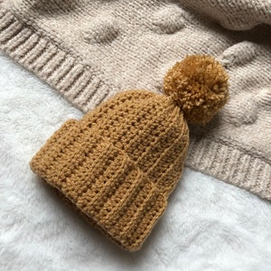 Crochet Neutral Brown Bobble Hat for Baby, Unisex Beanie Camel