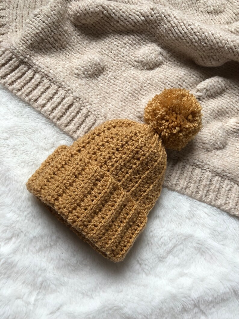 Crochet Neutral Brown Bobble Hat for Baby, Unisex Beanie Camel