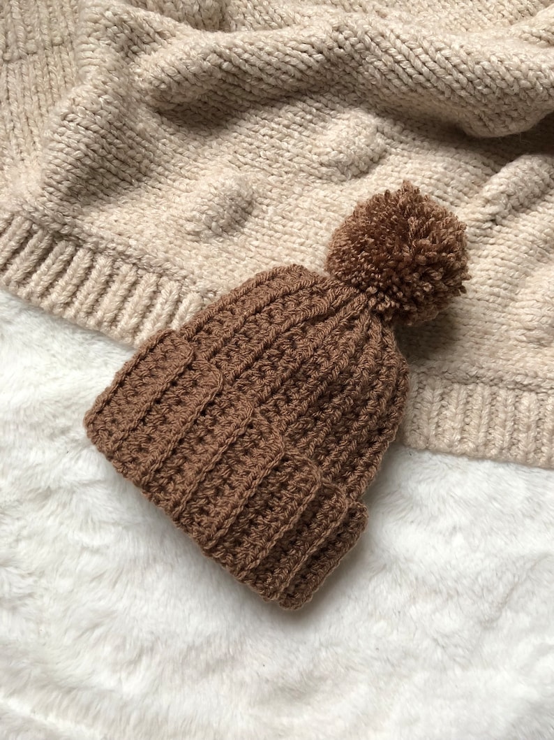 Crochet Neutral Brown Bobble Hat for Baby, Unisex Beanie Light Brown