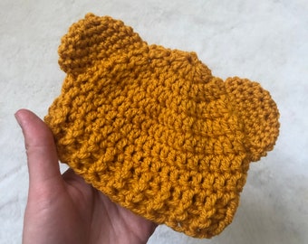 Unisex Baby Crocheted Teddy Bear Hat Mustard Yellow, Neutral, Newborn, 0-3 Months, 3-6 Months, 6-12 Months
