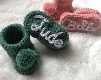 Crochet Personalised Baby Name Boots, Pompom Shoes