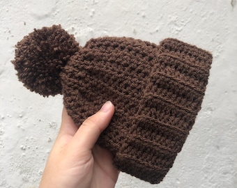 Crochet Brown Bobble Hat for Baby, Unisex Beanie