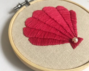 Red Seashell Hand Embroidery Hoop Art 4 Inches