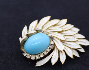 Vintage Jomaz Joseph Mazer Gold Flower Leaf Turquoise Cabochon Rhinestone Brooch Pin