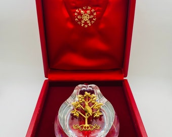 Signed STEUBEN Glass 18k GOLD Partridge Pear Tree Ornamental Love Memento Red Leather Box