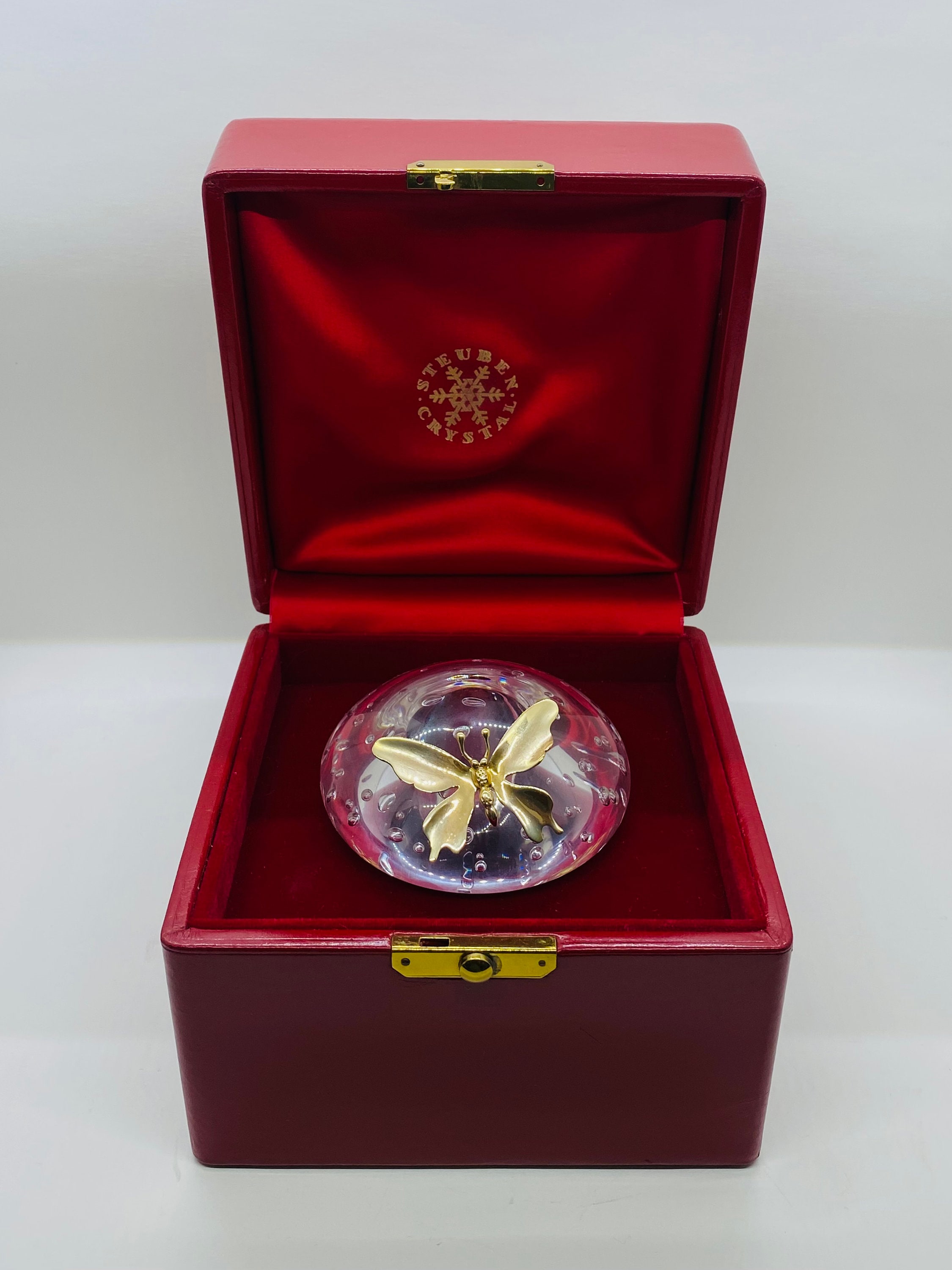 Signed STEUBEN Glass 18k GOLD Butterfly on Mushroom Bubble Glass Red Leather Box