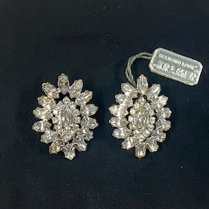 Vintage Signed 1950s Kramer Diamond Look Diamante Rhinestone Clip Earrings with Original Hang Tag