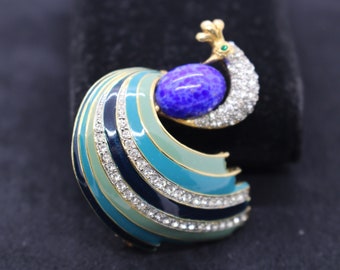 Vintage 1960s Peacock Bird Brooch Pin Blue Green Enamel Rhinestone set in Gold Tone