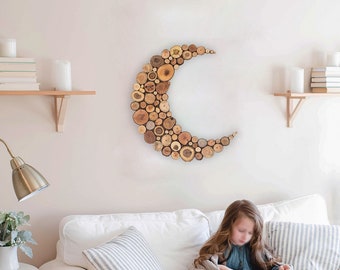 Moon wooden wall art, Moon for nursery decor,  Wood slice wall art, Moon wall art kids, Moon wood, Moon phase wall decor