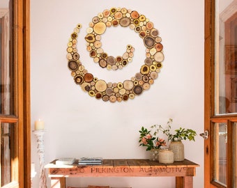 Wood slice Spiral, Spiral wall art, Spiral wall sculpture, Mindful Wall Art, Fireplace Home Decor, Farmhouse home decor, Rustic wall decor