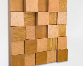 Abstract wall art with wooden squares, Wood blocks wal art, 3D wood wall art, Geometric wood wall decor, Wood wall sculpture