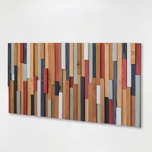 This artwork is made with reclaimed wood. 
It is an elegant and contemporary piece of art and can also be used to decorate the headboard of your bedroom or living room.
The colours I have used are blue-grey, red, white, warm grey and oak.