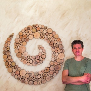 Wooden Spiral Wall Sculpture: Rustic Farmhouse Art, Handmade in Spain