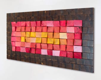 Pixel Wood Wall Art: 3D Wooden Sculpture, Red Accent Decor