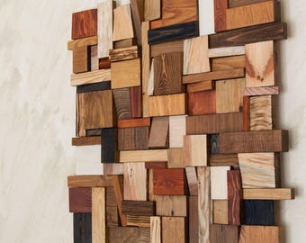 Recycled Wood Wall Sculpture: Modern Geometric Art for Fireplace Decor