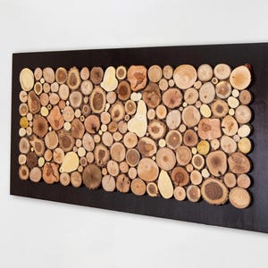 Puede incluir: Una pieza de arte mural rectangular con un marco marr&oacute;n oscuro relleno de numerosas rodajas de madera circulares de diversos tama&ntilde;os en tonos naturales beige, marr&oacute;n y crema. Las piezas de madera est&aacute;n dispuestas para crear un mosaico.