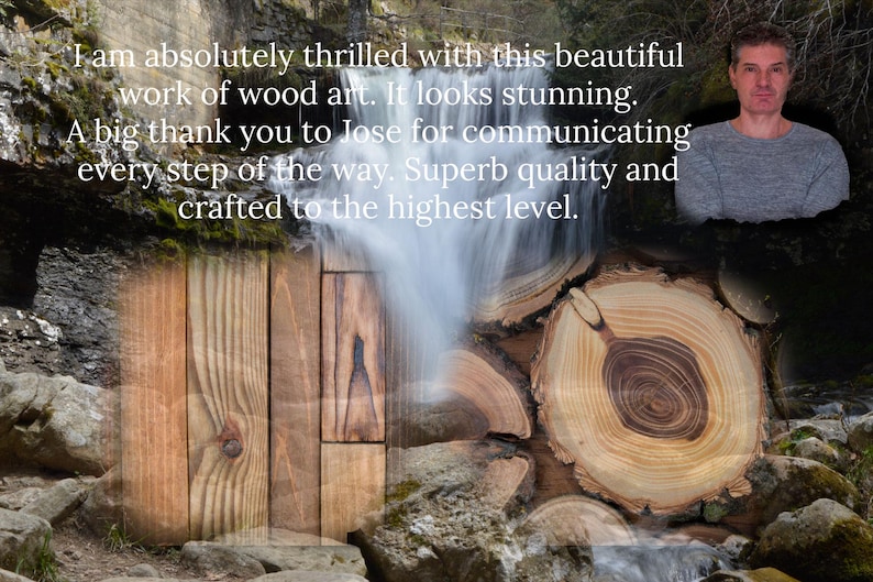 May include: A close-up of a wooden art piece with a natural wood grain pattern. The wood is a light brown color with darker brown streaks. The wood is arranged in a pattern of overlapping pieces, creating a unique and interesting design. The wood is surrounded by a blurred background of a waterfall and rocks.