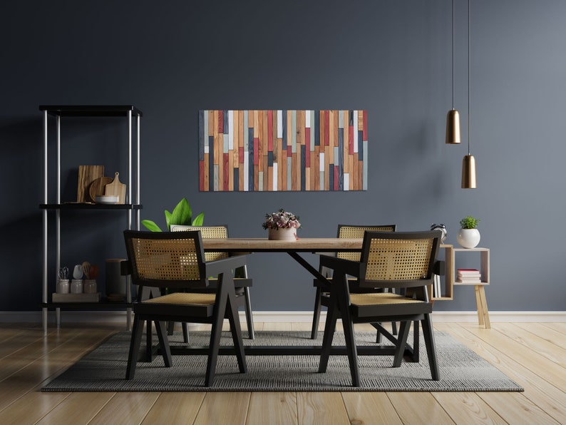 The image shows the reclaimed wood wall sculpture on the wall decorating a modern and elegant living room.