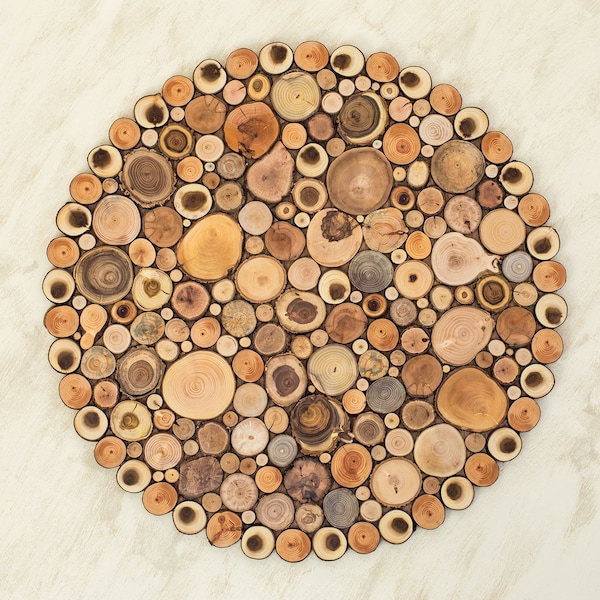 Round artwork for wall, Round artwork for fireplace, Mindful decor, Wood art wall decor, Circular wall art, Log slices, Wellness wall art