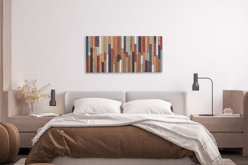 The image shows the work on the geometric wall hanging decor of a double bedroom.