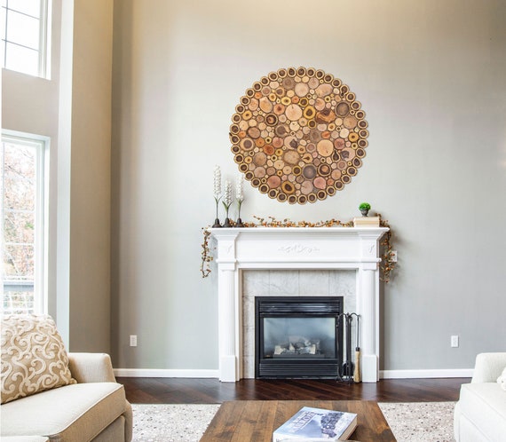 Circular Mosaic Wall Art Made Of Tree Slices Round Wall Etsy