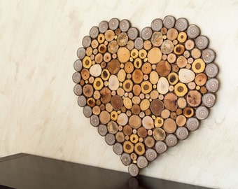 Wood Heart, Heart Anniversary gift, Heart Wall Decor, Rustic Cottage Decor,   Mosaic Wood Slices Wall Art,