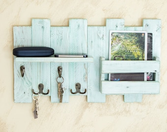 Key organizer, Key holder for wall, Shelf with hooks and ledger, Wood letter holder, Wood key holder, Hallway decor