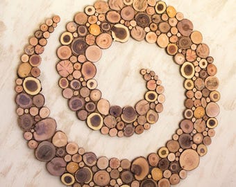 Natural Wood Spiral Wall Sculpture | Large Round Wooden Mosaic | Fibonacci Inspired Art Piece