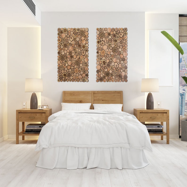 The image shows a diptych of the artwork above the bed in a double bedroom.
