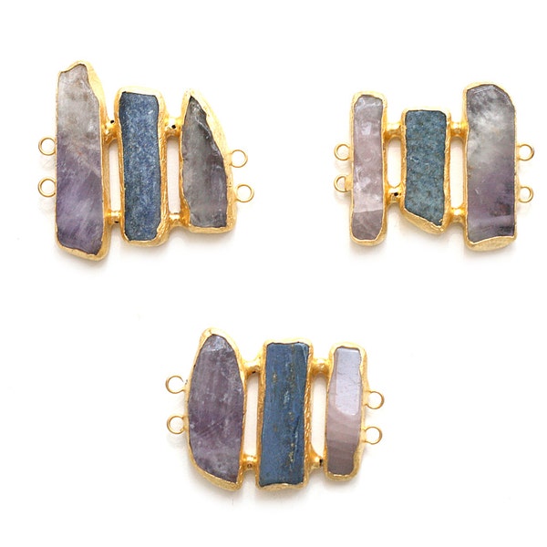 Triple Stone Amethyst, Rose Quartz and Lapis Lazuli Connector - Gold plated Bezel - 1 pc