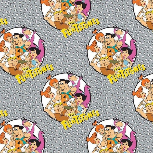 Half Yard  The Flintstones Stone Age Family on Gray by Camelot  Kids Classic TV Cartoon Barney Fred Wilma Characters  Cotton Fabric