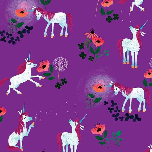 SALE! Yard  Uni the Unicorn on Purple by Riley Blake  Fantasy Girl's Kid's Book Series Magical Unicorn and Flowers  Cotton Fabric BTY