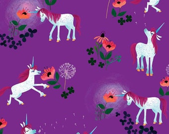 Half Yard - Uni the Unicorn on Purple by Riley Blake - Fantasy Girl's Kid's Book Series Magical Unicorn and Flowers Cotton Fabric