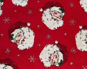 Half Yard  Retro Vintage Christmas Small Santa Claus Faces on Red Silver Glitter  Cotton Fabric