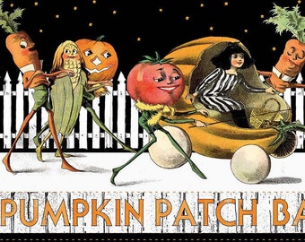 NEW! Half Yard - Pumpkin Patch Border Stripe by Riley Blake - Retro Vintage Halloween J Wecker Frisch Vegetable Characters Cotton Fabric