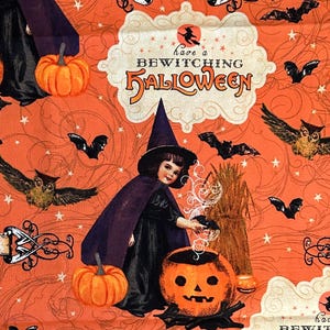 OOP Half Yard - Bewitching Halloween Witches on Orange by JoAnn - Retro Vintage Halloween Cotton Fabric FREESHIP90