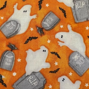 Half Yard  Nights of Olde Salem by Henry Glass  Halloween Glow in the Dark Ghosts Tombstones on Orange Cotton Fabric FREESHIP90