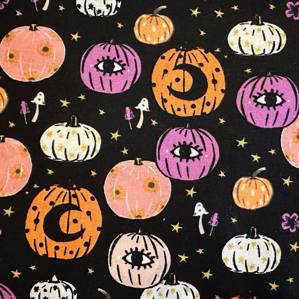 Half Yard Halloween Pumpkins in Pink Purple White Orange on Black All Seeing Eye Mushrooms Cotton Fabric BTHY