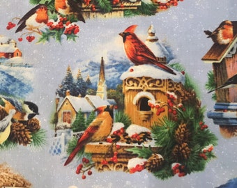 Halber Hof Winter Song von Elizabeth's Studio Vogelhäuschen füttern Singvögel im Winter Schnee Weihnachten Polar Baumwollstoff FREESHIP90