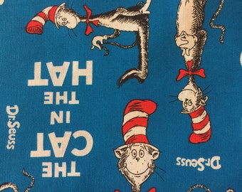 Half Yard - Dr Seuss Celebration by Robert Kaufman Classic Book Character Cat in the Hat on Blue - Kids Cotton Fabric FREESHIP90