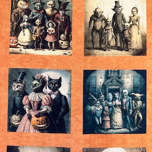 NEW! Panel - Halloween Creepsville Small Picture Patches on Orange by Quilting Treasures Monsters Creeps Goblins Cotton Fabric 36"x44"